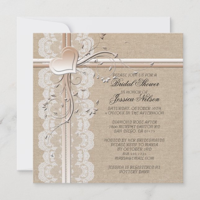 Luxury Lace Heart Burlap Bridal Invitation (Front)