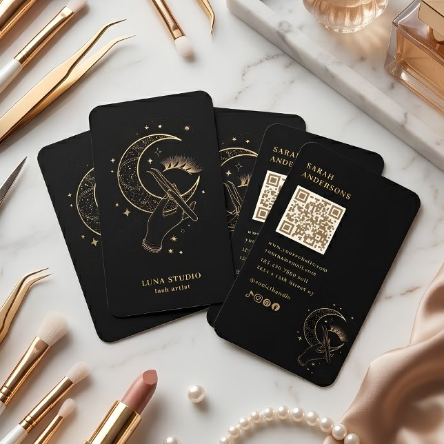 Luxury Lash Artist Black Gold Celestial QR Code Business Card (Creator Uploaded)