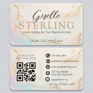 Luxury Lash Technician Pearl Opal Gold Script Business Card