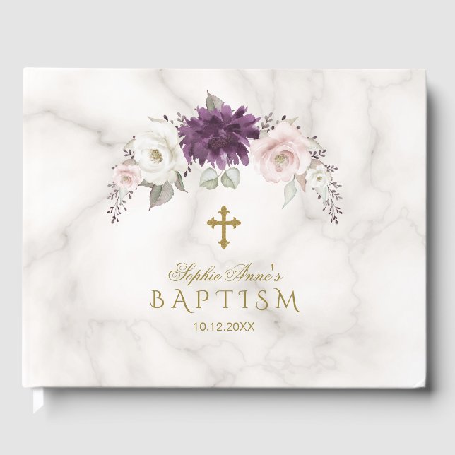 Luxury Lavender Blush Floral Cross Marble Baptism Guest Book (Front)