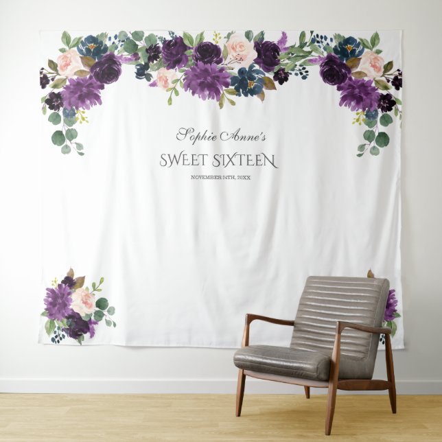 Luxury Lavender Pink Blue Floral Sweet 16 Prop Tapestry (In Situ (Horizontal))