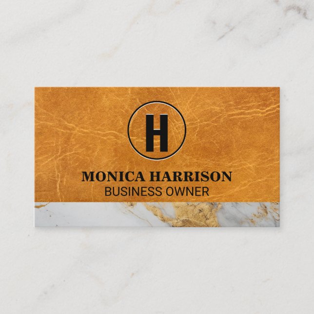 Luxury Leather | Marble Trim | Monogram Business Card (Front)