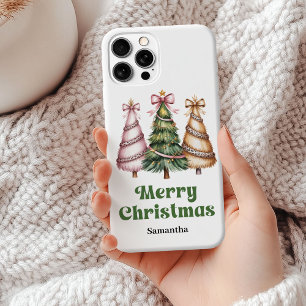 Luxury leopard pattern Christmas trees custom name iPhone 15 Mini Case