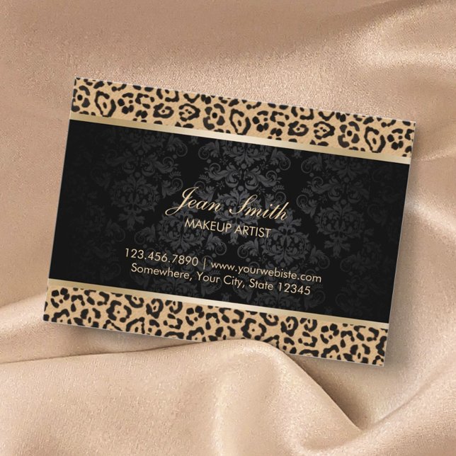 Luxury Leopard Print & Damask Makeup Artist Business Card (Creator Uploaded)
