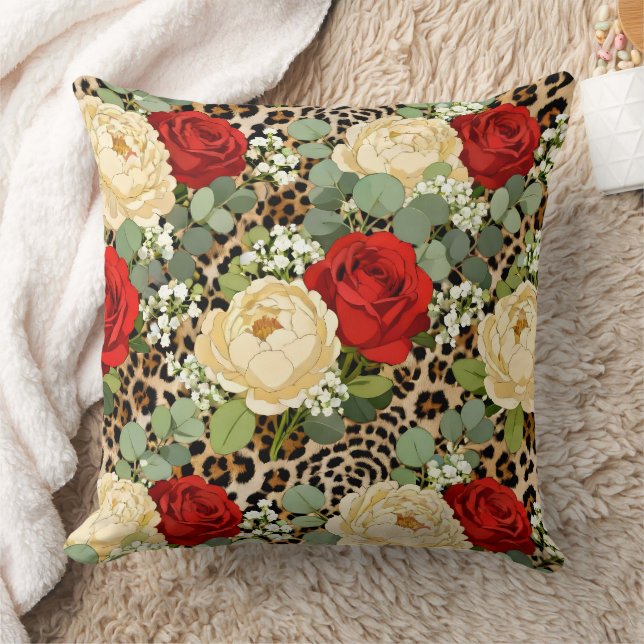 Luxury Leopard & Red Rose Pattern  Cushion (Blanket)
