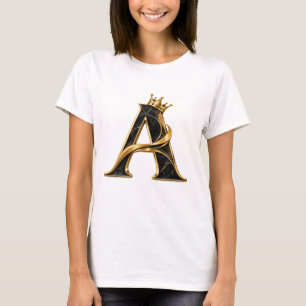 Luxury Letter A T-Shirt Black Gold Crown Initial