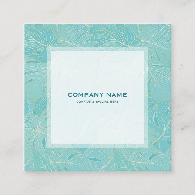 Luxury light blue and white palm leaves pattern square business card (Front)
