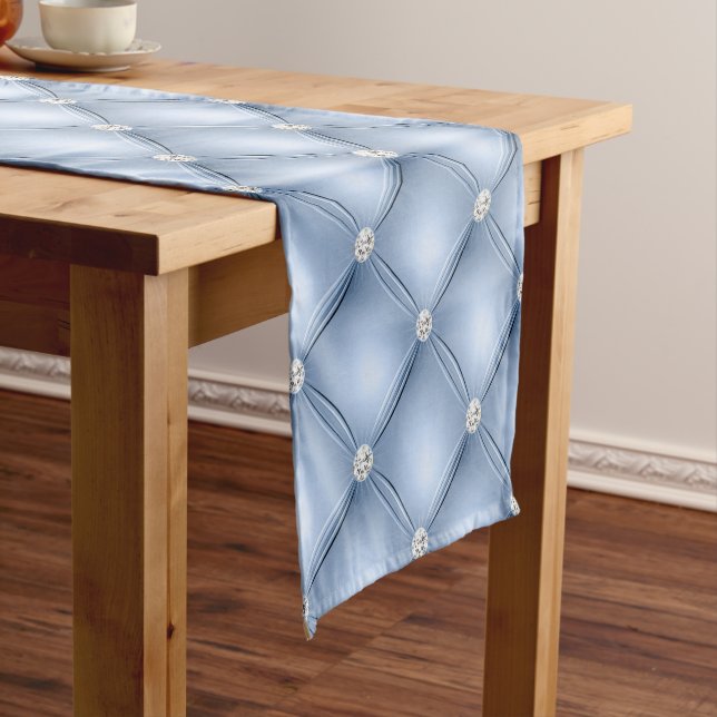 Luxury Light Blue Diamond Tufted Pattern Short Table Runner (In Situ)