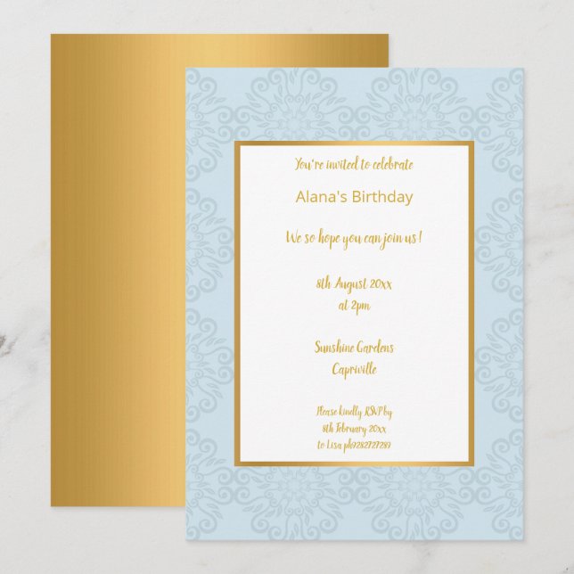 LUXURY LIGHT BLUE GOLD ABSTRACT BIRTHDAY INVITATION (Front/Back)