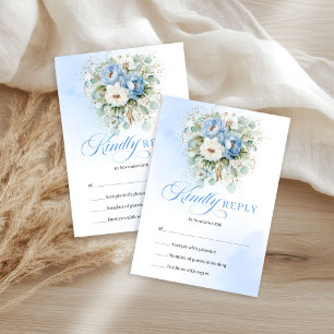 Luxury Light Blue Peonies Gold Wedding RSVP Card
