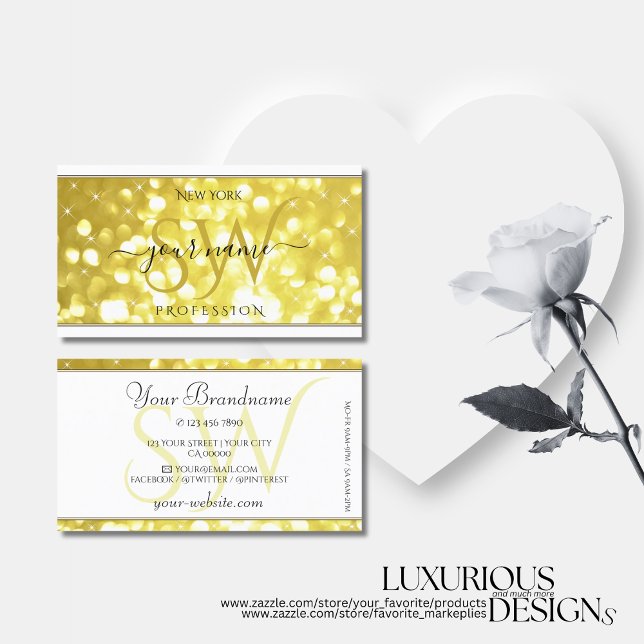 Luxury Light Golden Glitter Stars Initials White Business Card (Creator Uploaded)