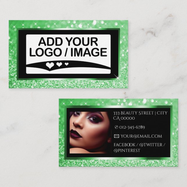 Luxury Light Green Sparkle Logo Photo Template Business Card (Front/Back)