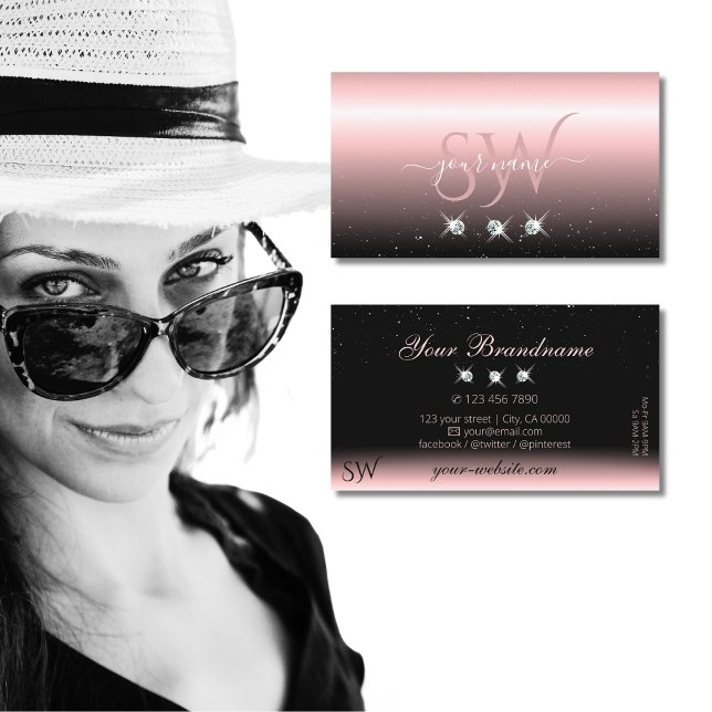 Luxury Light Pink Black Sparkle Diamonds Monogram Business Card (Creator Uploaded)