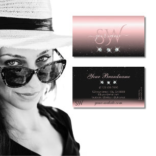 Luxury Light Pink Black Sparkle Diamonds Monogram Business Card