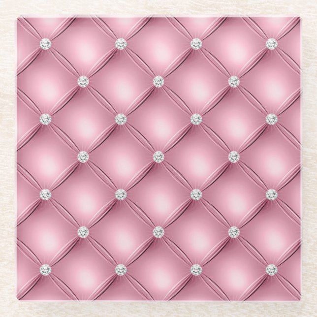 Luxury Light Pink Diamond Tufted Pattern Glass Coaster (Front)