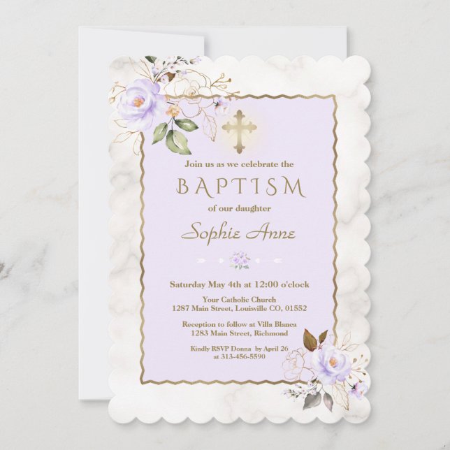 Luxury Light Purple Gold Flowers Marble Baptism  Invitation (Front)
