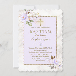 Luxury Light Purple Gold Flowers Marble Baptism Invitation