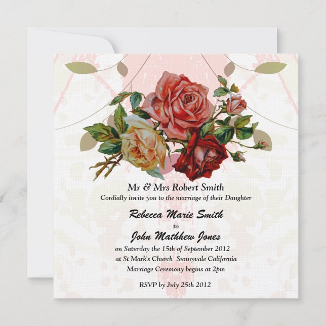 Luxury Linen Three rose wedding Invitation (Front)
