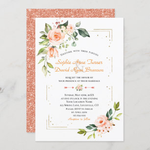 Luxury Living Coral Floral Gold Glitter Wedding Invitation