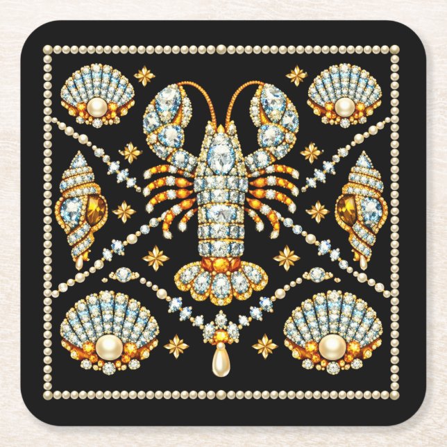 Luxury Lobster Bejewelled Patterned Design Diamond Square Paper Coaster (Front)