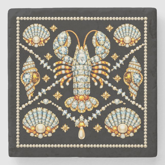 Luxury Lobster Bejewelled Patterned Design Diamond Stone Coaster (Front)