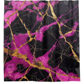 Luxury Magenta Black Marble Kintsugi Gold Veins Shower Curtain