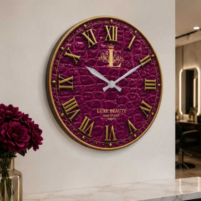 Luxury Magenta Crocodile Gold Elegant Monogram  Large Clock (Creator Uploaded)