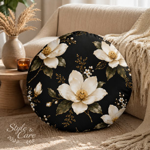 Luxury Magnolia Floral Seamless Pattern Artwork Round Cushion