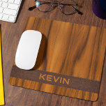 Luxury mahogany wood texture and a brown leather mouse pad<br><div class="desc">Luxury mahogany wood texture and a brown leather texture stripe with a custom name.</div>