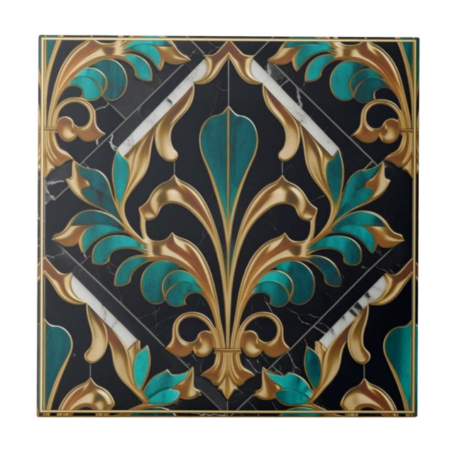 Luxury Malachite Art Deco Floral Marbled Pattern Tile (Front)