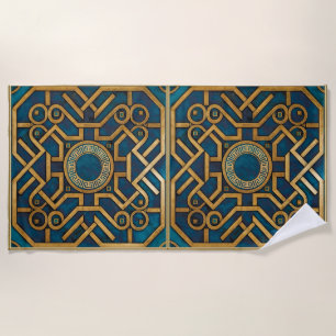 Luxury Marble art Deco Blue Gold Greek Key Beach Towel
