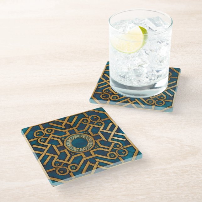 Luxury Marble art Deco Blue Gold Greek Key Glass Coaster (Angled)