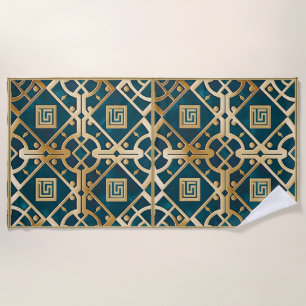 Luxury Marble Art Deco Greek Key Sea Green Gold Beach Towel