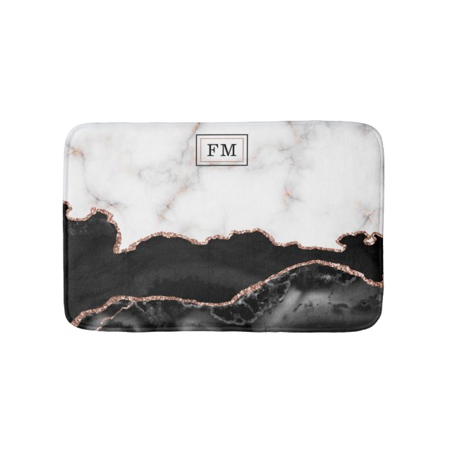 Luxury Marble Black Agate Gold Glitter Monogram Bath Mat (Front)