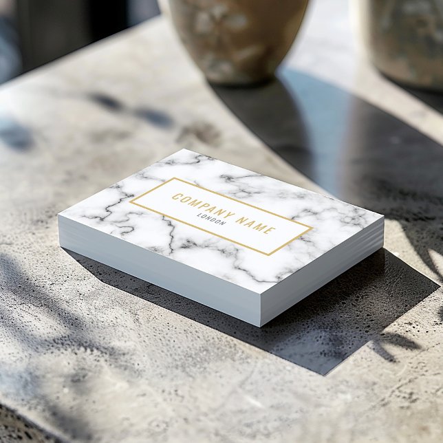 Luxury marble effect gold and white business card (White marble business card with gold name, minimalist black details, and gold frame.)