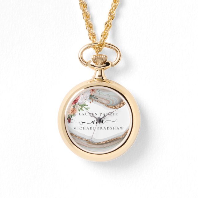 Luxury Marble Floral Glitter Wedding Gift Watch (Front)