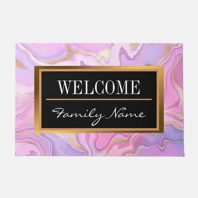 Luxury Marble Glitter Pink Purple Gold Doormat (Front)