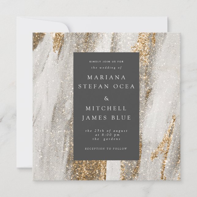 Luxury Marble Gold Strokes white and grey  Invitat (Front)