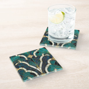 Luxury Marble Mosaic Art Deco Blue Gold & Teal Glass Coaster
