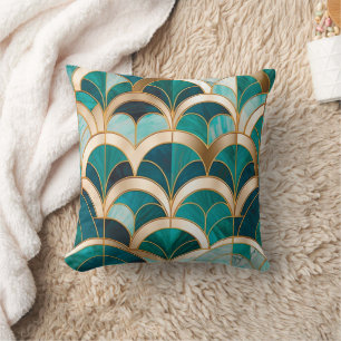 Luxury Marble Mosaic Art Deco Turquoise Blue Gold Cushion