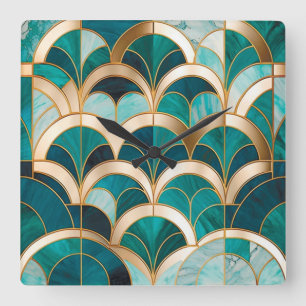Luxury Marble Mosaic Art Deco Turquoise Blue Gold Square Wall Clock