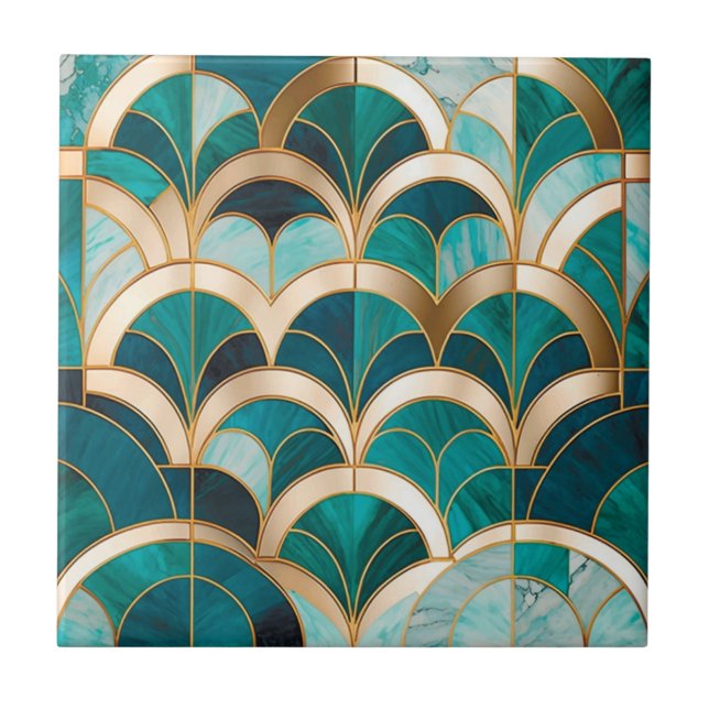 Luxury Marble Mosaic Art Deco Turquoise Blue Gold Tile (Front)