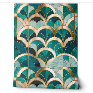 Luxury Marble Mosaic Art Deco Turquoise Blue Gold Wallpaper