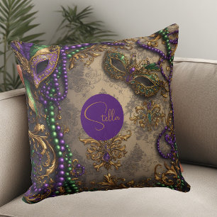 Luxury Mardi Gras Purple Gold Mask Beads Floral  Cushion