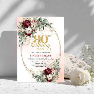 Luxury Maroon Peonies Eucalyptus 90th Birthday  Invitation
