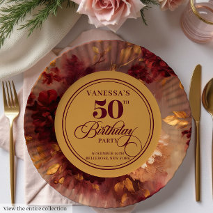 Luxury Marsala Blush Gold Floral 50th Birthday  Paper Plate