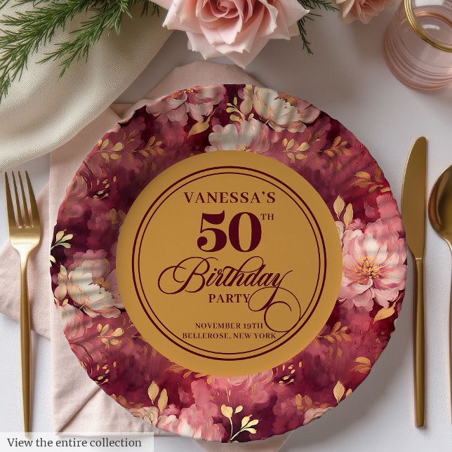 Luxury Marsala Blush Gold Floral 50th Birthday  Paper Plate (Luxury Marsala Blush Gold Floral 50th Birthday Paper Plates )