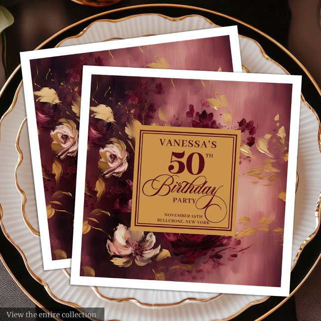 Luxury Marsala Blush Gold Flowers 50th Birthday  Napkin (Luxury Marsala Blush Gold Flowers 50th Birthday Paper Dinner Napkins)