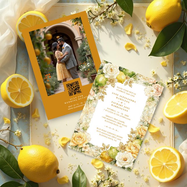 Luxury Mediterranean Lemons & Flowers Photo Invitation (Luxury Delicate Mediterranean Lemons & Flowers Frame Wedding Invitation Cards.)
