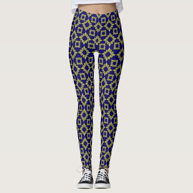 Luxury Mediterranean Tile Pattern Blue Yellow Leggings (Front)